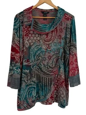 Ali Miles tunic sweater top size L cowl neck women paisley drape front buttons